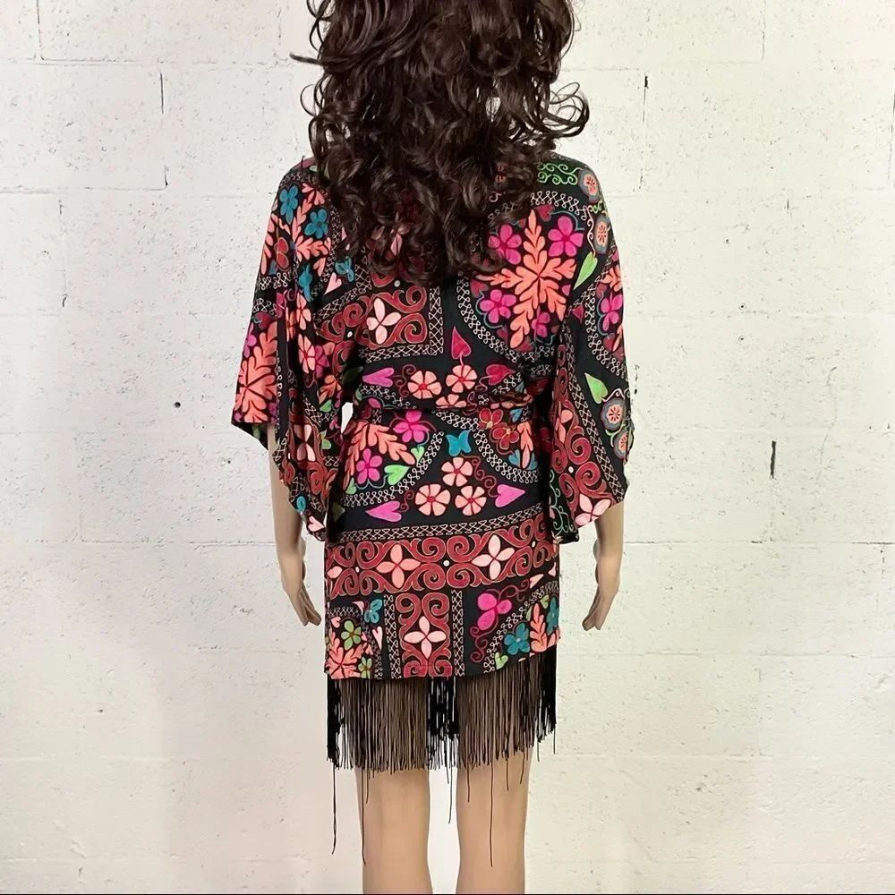 -Josie Natori black print fringe belted short kimono coverup robe XS - Picture 5 of 8